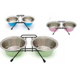 Leopet Supporto Doppio Con Ciotole Colorate In Acciaio Inox (Diam. 17 Cm. / 2 X 900 Ml.)