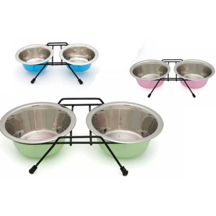 Leopet Supporto Doppio Con Ciotole Colorate In Acciaio Inox (Diam. 21,5 Cm. / 2 X 1,8 Lt.)