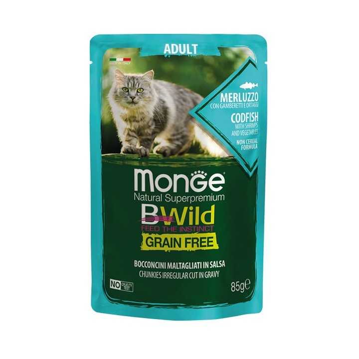 Monge Bwild Cat Grain Free Adult Bocconcini Merluzzo, Gamberetti & Ortaggi 85 Gr.
