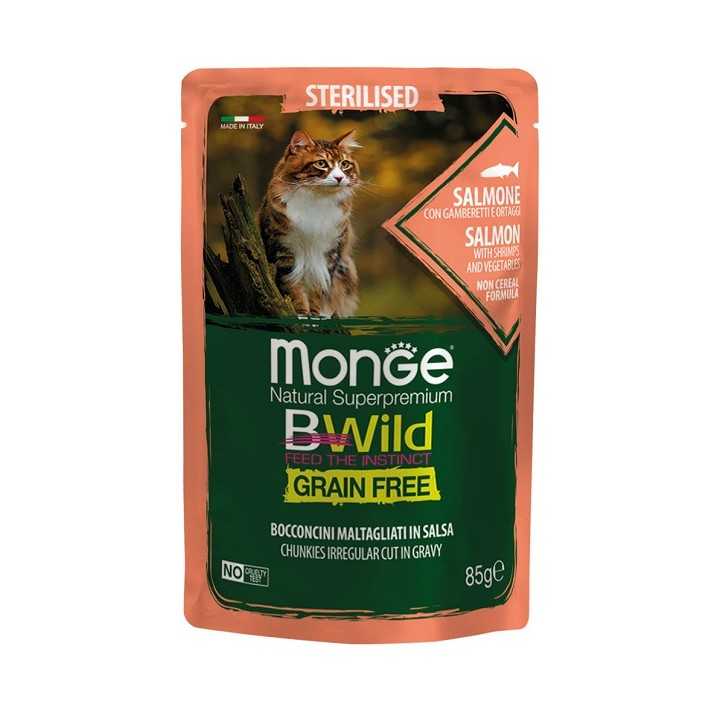 Monge Bwild Cat Grain Free Sterilised Bocconcini Salmone, Gamberetti & Ortaggi 85 Gr.