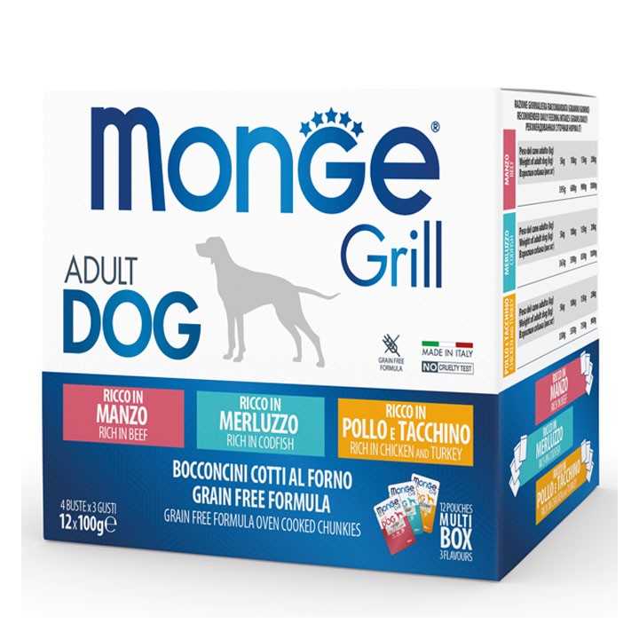 Monge Grill Adult Dog Multipack (Manzo, Merluzzo, Pollo & Tacchino) 12 X 100 Gr.