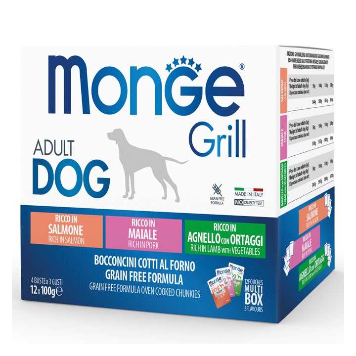 Monge Grill Adult Dog Multipack (Salmone, Maiale, Agnello Con Ortaggi) 12 X 100 Gr.