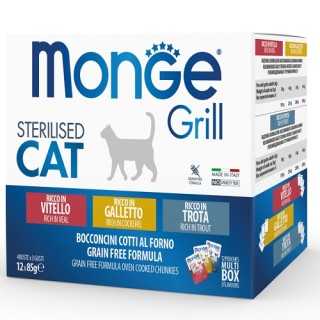 Monge Grill Cat Sterilised Bocconcini In Jelly Multipack (Vitello, Galletto & Trota) 12 X 85 Gr.
