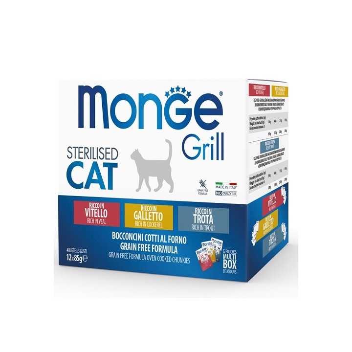 Monge Grill Cat Sterilised Bocconcini In Jelly Multipack (Vitello, Galletto & Trota) 12 X 85 Gr.