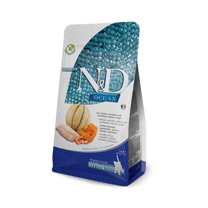 N&D Cat Ocean Kitten Merluzzo, Gamberetto, Zucca & Melone 1,5 Kg.