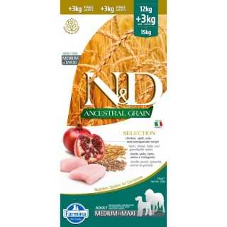 N&D Dog Ancestral Grain Selection Adult Medium/Maxi Pollo, Farro, Avena & Melograno 15 Kg.