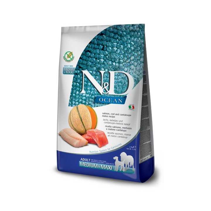 N&D Dog Ocean Adult Medium/Maxi Salmone, Merluzzo & Melone 12 Kg.
