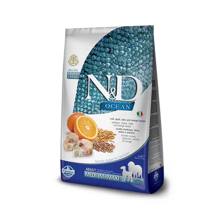 N&D Dog Ocean Ancestral Grain Adult Medium/Maxi Merluzzo & Arancia 2,5 Kg.