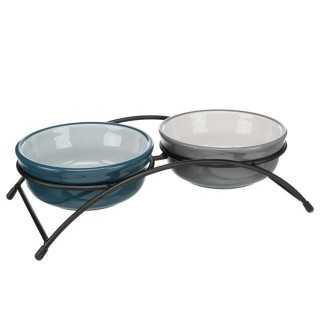 Trixie Set Ciotole In Ceramica Con Supporto In Metallo (2 X 0,6 Lt. / Diam. 15 Cm.) Petrolio/Grigio