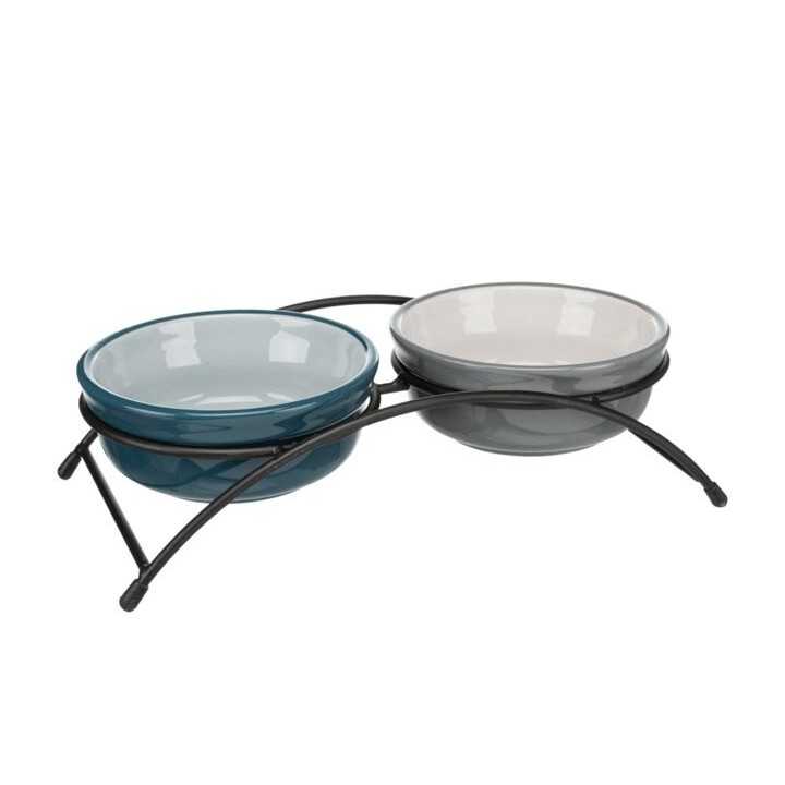 Trixie Set Ciotole In Ceramica Con Supporto In Metallo (2 X 1,6 Lt. / Diam. 20 Cm.) Petrolio/Grigio