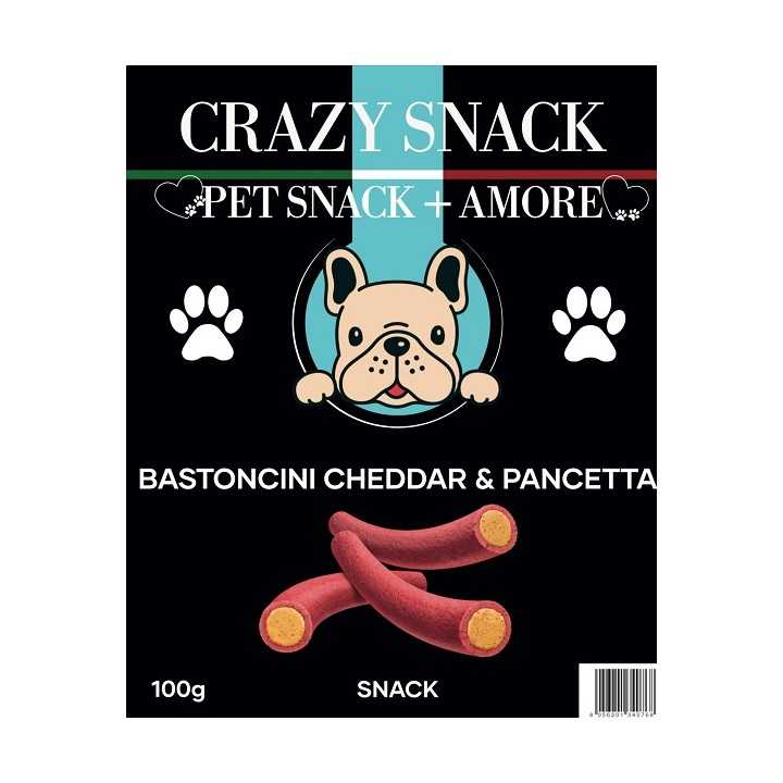 Crazy Snack Dog Bastoncini Cheddar & Pancetta 100 Gr. (Pet Snack + Amore)